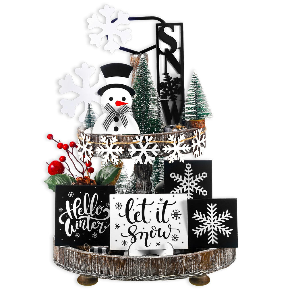 FairySandy 15 Pcs Winter Tiered Tray Decor Set