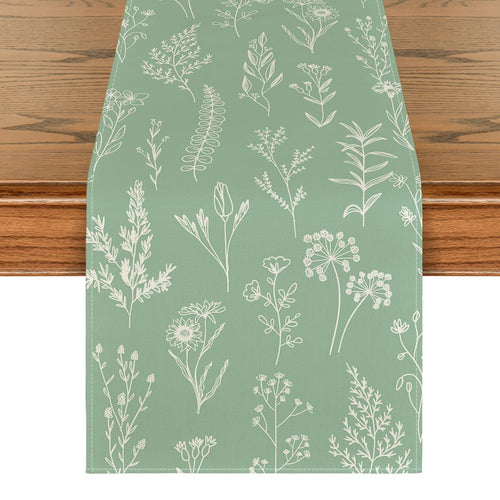Artoid Mode Sage Green Leaves Flowers Spring Table Runner