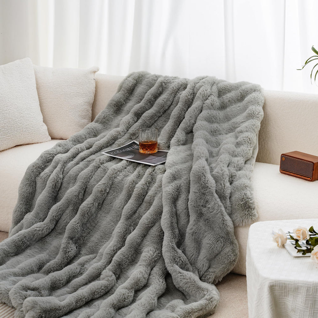 July Soft Reversible Faux Rabbit Fur Throw Blanket Lightweight Fuzzy Bubble Throw Blanket for Bed Cozy Blankets for Women Gift Grey 50" x 60" SC-GY5060