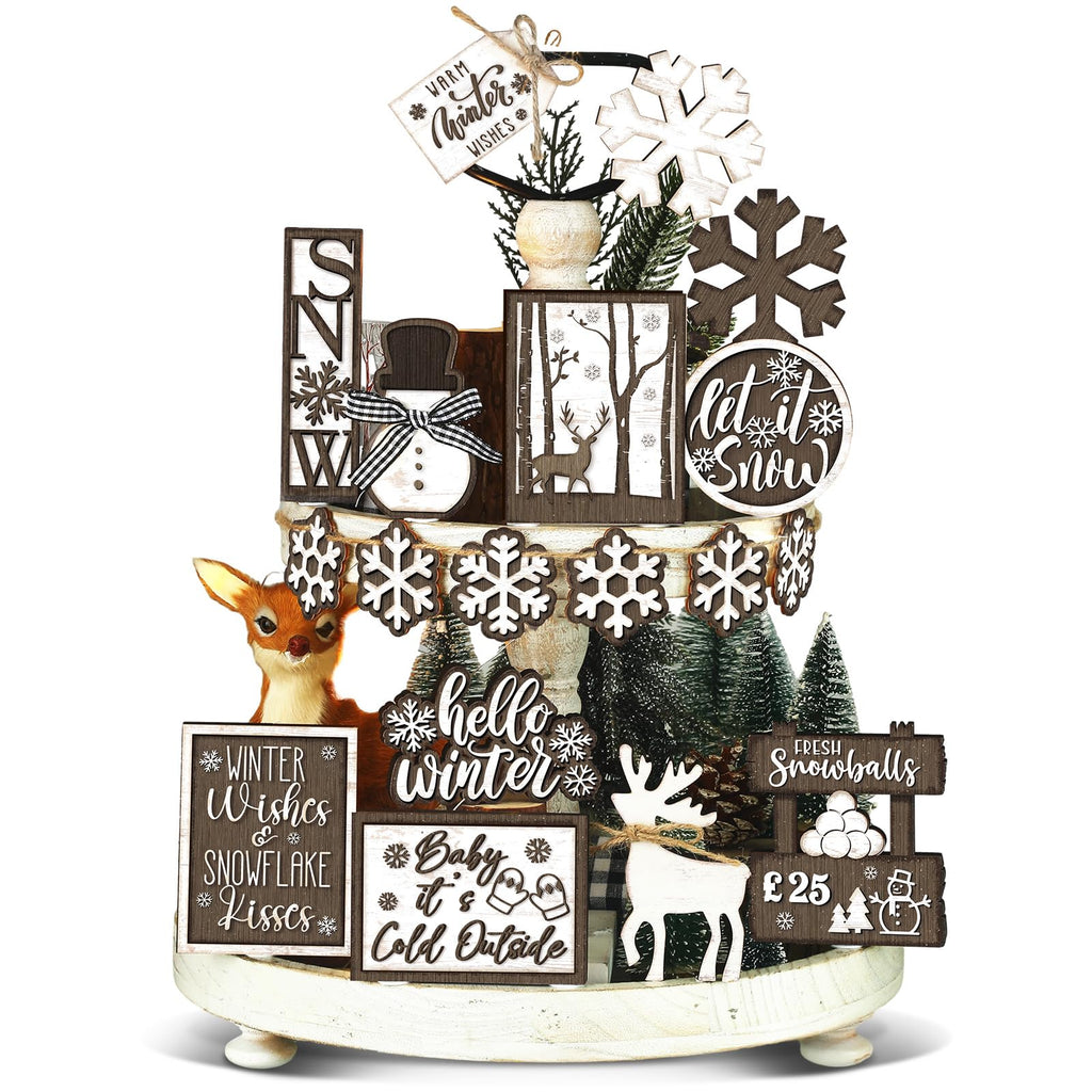 Funnymoom 17 Pcs Winter Tiered Tray Decor