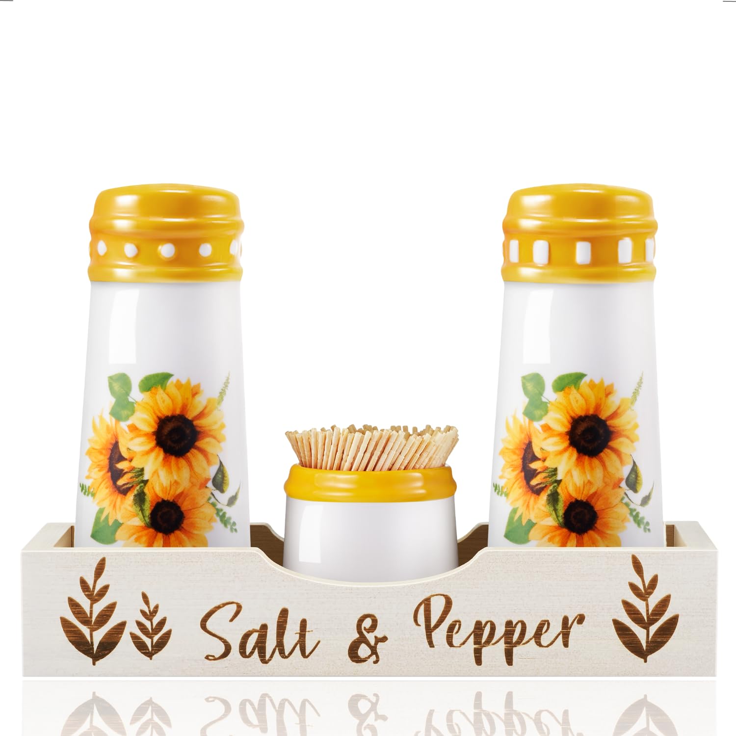 Sunflower Salt and Pepper Shakers with Holder